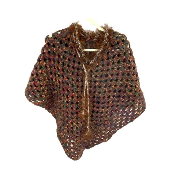 Handmade Multicolor Crochet Poncho With Faux Fur Trim - Picture 5 of 5